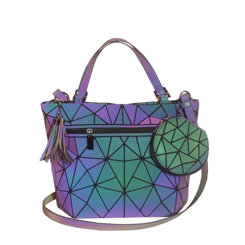 Set Women Handbag Tote Purse 2Pcs Geometric Folding Shoulder Bags Female Crossbody Bag Ladies Luminous Bucket Bag Handbags Shop1105169510 Store