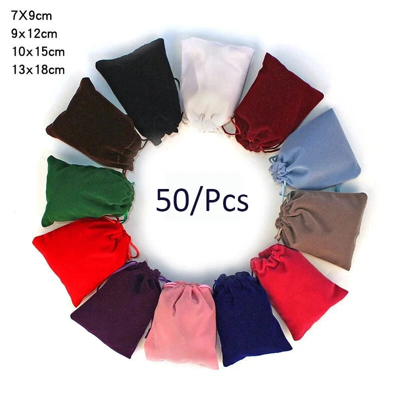 50Pcs/lot 5x7cm 7x9cm 8x10cm 9x12cm Coloful Velvet bag Jewelry Packing Velvet Drawstring Pouches Gift Bags Can customized Dian Mei Jewelry Display And Packaging Store