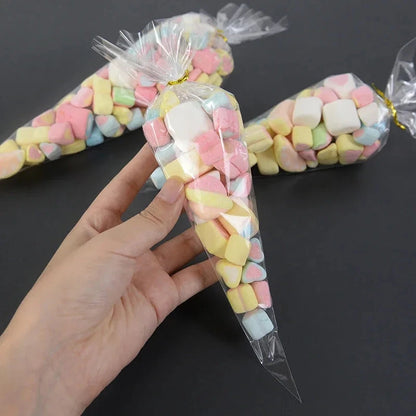 50pcs Clear Cone Candy Storage Bags Cones Transprant Plastic Bag Popcorn Candy Bags for Baby Shower Wedding Party Bags Supplies shop110476384 Store