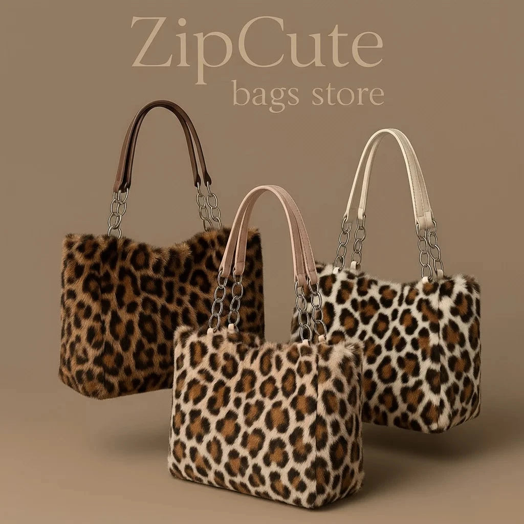 Versatile simple large-capacity bag 2025 new autumn and winter tide fashion leopard print plush tote bag atmospheric fluff shoul ZipCute Bags Store