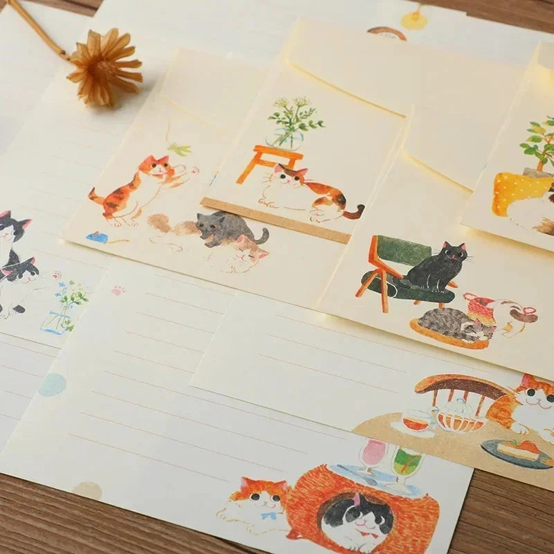 9pcs/set Cartoon Cats Envelopes with Letter Pads Cute Letter Writing Paper Wedding Invitation Cards Postcards Cover Stationery Sun4rising Stationery Store