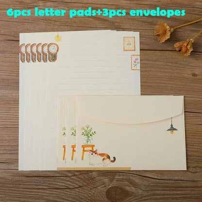 9pcs/set Cartoon Cats Envelopes with Letter Pads Cute Letter Writing Paper Wedding Invitation Cards Postcards Cover Stationery Sun4rising Stationery Store