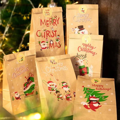 Christmas Gift Bags Kraft Paper Bag Candy Cookie Packaging Pocket Xmas Advent Calendar Digital Sticker Packing Supplies 24pcs GJWED Party Supplies Store