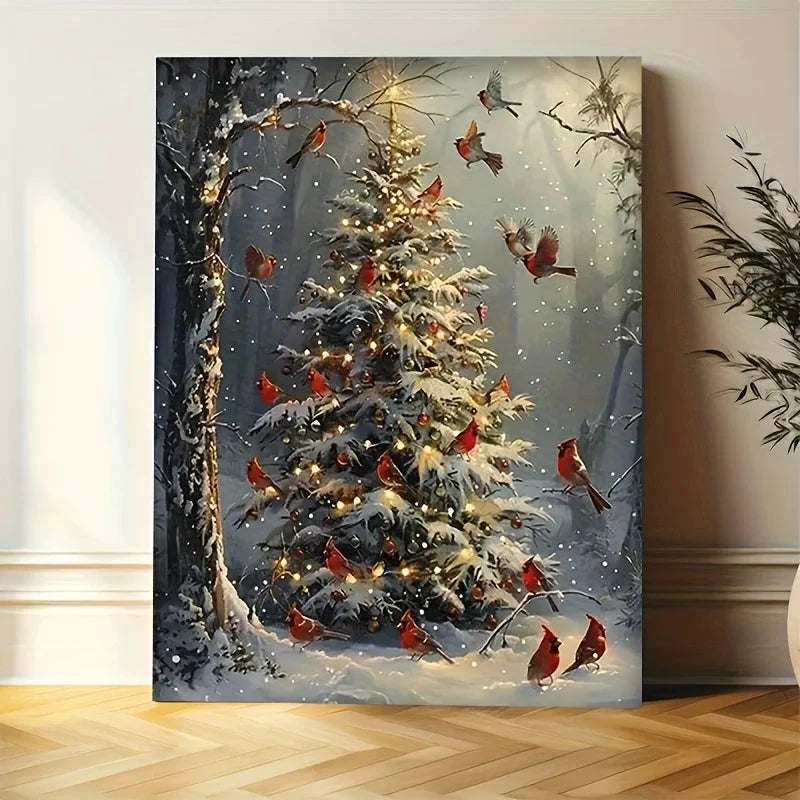 1pc Wooden Framed Canvas Poster - Winter Cardinal Birds & Snow-Covered Tree (Realistic Style, White Snow & Red Berries Iron Art Crafts Factory Store