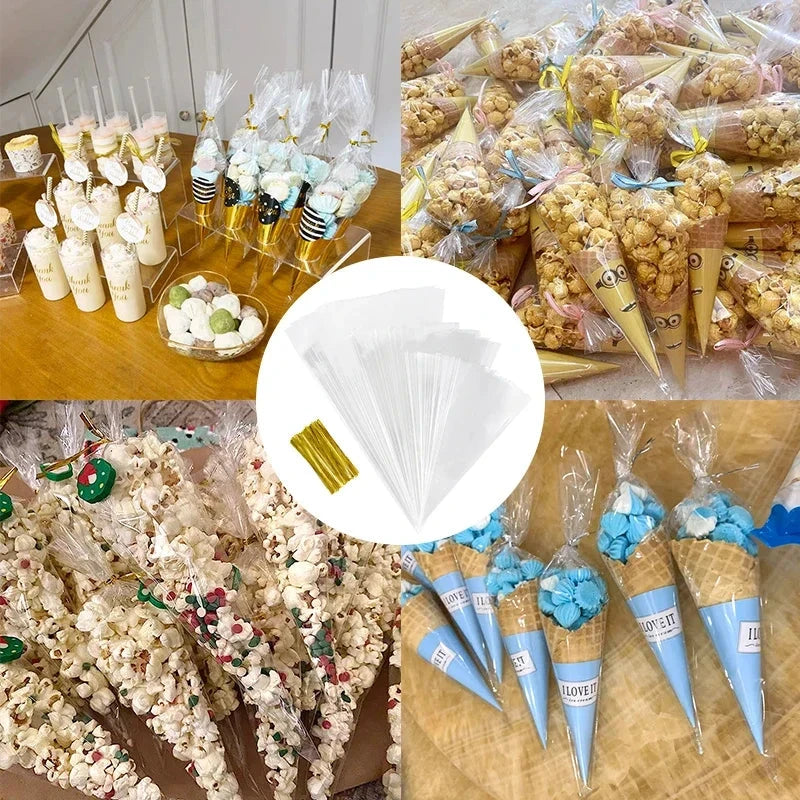50pcs Clear Cone Candy Storage Bags Cones Transprant Plastic Bag Popcorn Candy Bags for Baby Shower Wedding Party Bags Supplies shop110476384 Store