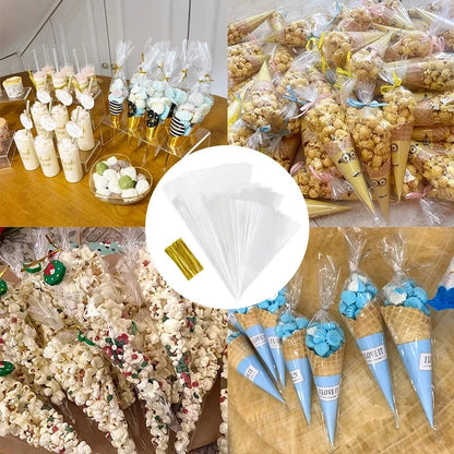50pcs Clear Cone Candy Storage Bags Cones Transprant Plastic Bag Popcorn Candy Bags for Baby Shower Wedding Party Bags Supplies shop110476384 Store