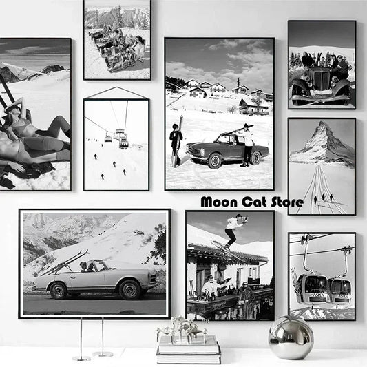 Black And White Vintage Skiing Photo Winter Sport Aspen Apres Ski Resort Poster Canvas Painting Wall Pictures Home Decor Many Paintings Wall Sticker Store