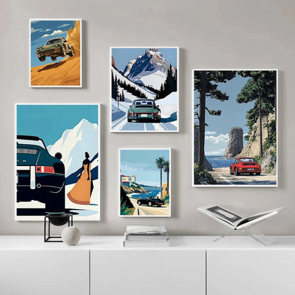 Classic Porsche 911 Alpine Drive Poster Retro Alpine Trip Cartoon Prints Canvas Painting Wall Art Picture Home Living Room Decor Shop1103250243 Store