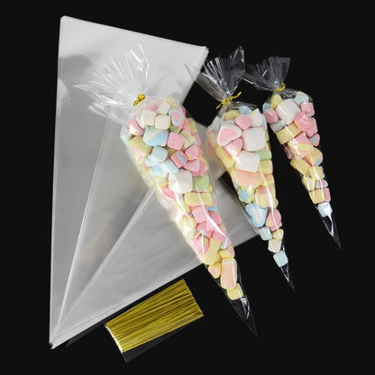 50pcs Clear Cone Candy Storage Bags Cones Transprant Plastic Bag Popcorn Candy Bags for Baby Shower Wedding Party Bags Supplies shop110476384 Store