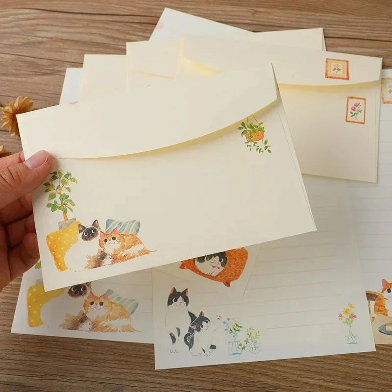 9pcs/set Cartoon Cats Envelopes with Letter Pads Cute Letter Writing Paper Wedding Invitation Cards Postcards Cover Stationery Sun4rising Stationery Store