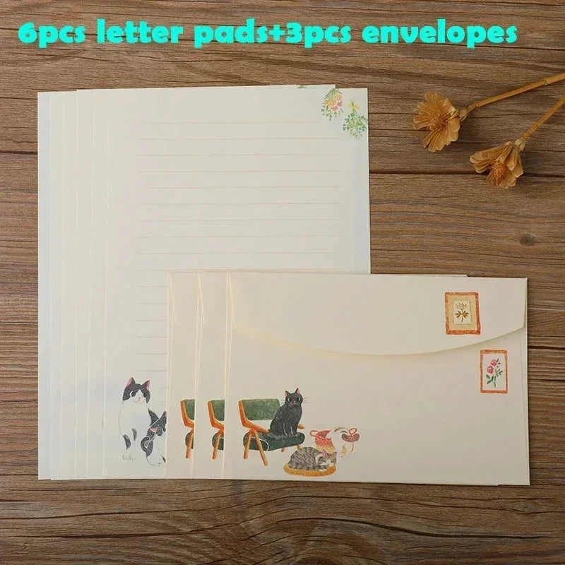 9pcs/set Cartoon Cats Envelopes with Letter Pads Cute Letter Writing Paper Wedding Invitation Cards Postcards Cover Stationery Sun4rising Stationery Store