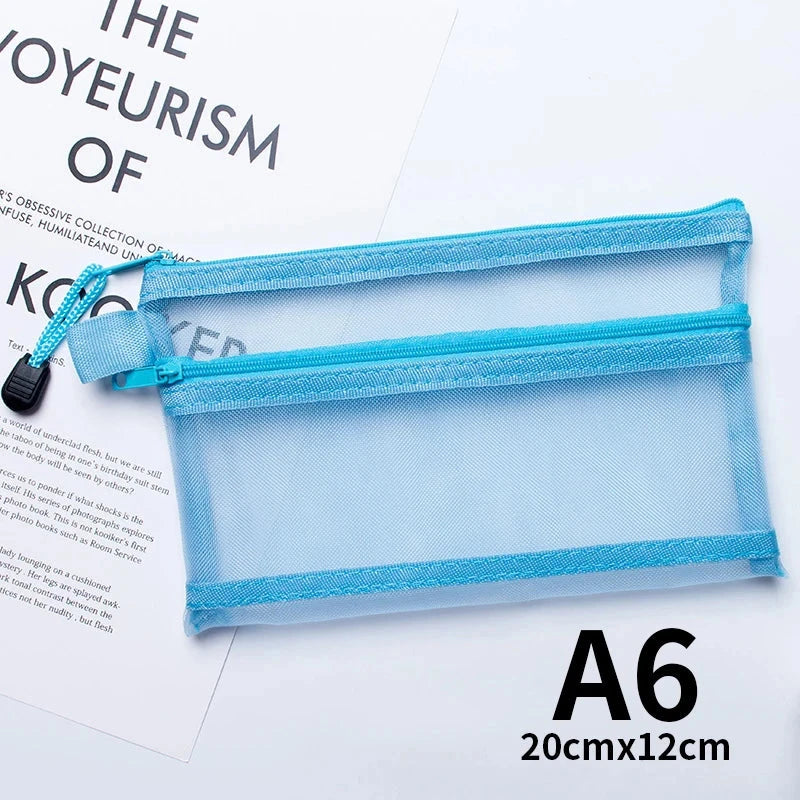 A4 A5 A6 Portable Double-layer Mesh Zipper File Bag Transparent  Student Test Paper Data Storage Bag Office Files Stationery Colourful Art Store