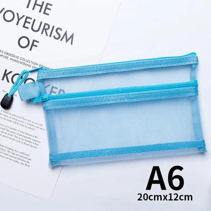 A4 A5 A6 Portable Double-layer Mesh Zipper File Bag Transparent  Student Test Paper Data Storage Bag Office Files Stationery Colourful Art Store