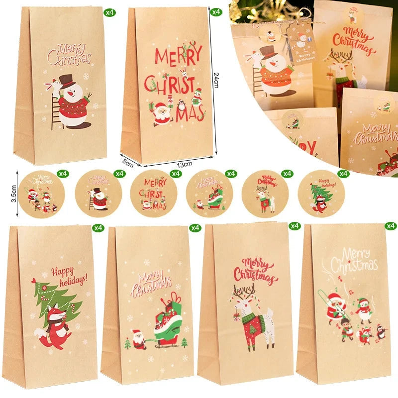 Christmas Gift Bags Kraft Paper Bag Candy Cookie Packaging Pocket Xmas Advent Calendar Digital Sticker Packing Supplies 24pcs GJWED Party Supplies Store