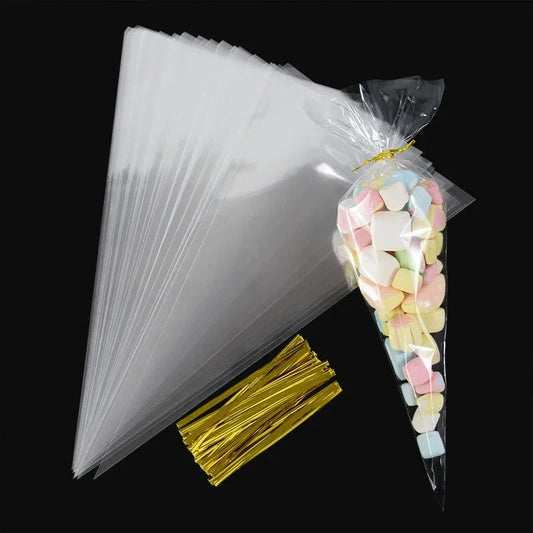 50pcs Clear Cone Candy Storage Bags Cones Transprant Plastic Bag Popcorn Candy Bags for Baby Shower Wedding Party Bags Supplies shop110476384 Store