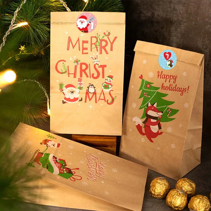 Christmas Gift Bags Kraft Paper Bag Candy Cookie Packaging Pocket Xmas Advent Calendar Digital Sticker Packing Supplies 24pcs GJWED Party Supplies Store