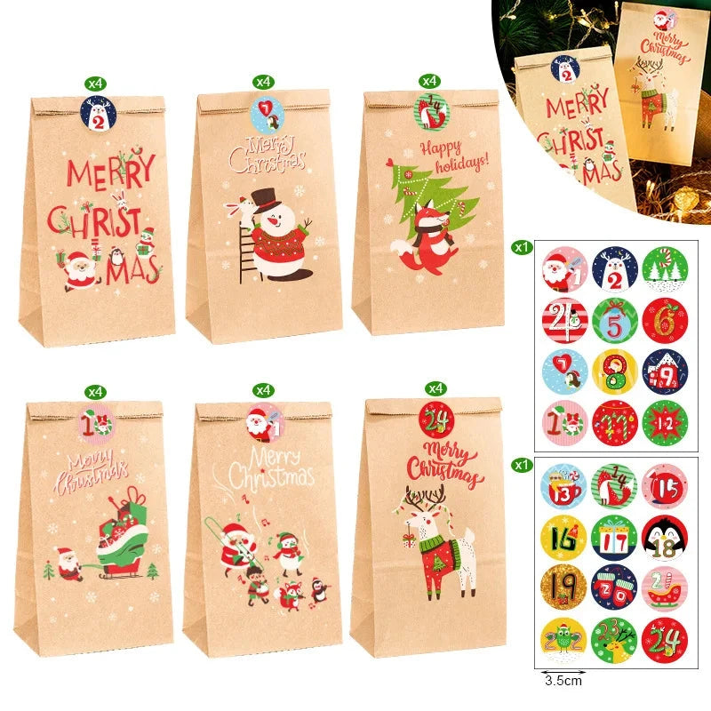 Christmas Gift Bags Kraft Paper Bag Candy Cookie Packaging Pocket Xmas Advent Calendar Digital Sticker Packing Supplies 24pcs GJWED Party Supplies Store