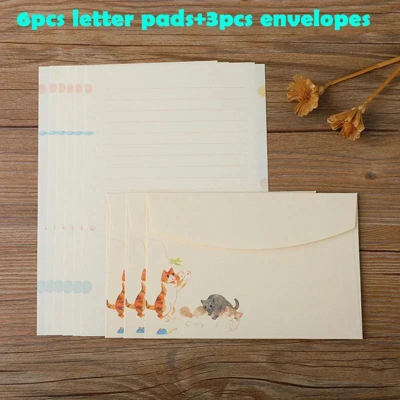9pcs/set Cartoon Cats Envelopes with Letter Pads Cute Letter Writing Paper Wedding Invitation Cards Postcards Cover Stationery Sun4rising Stationery Store