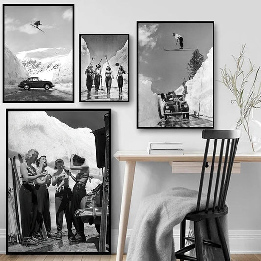 Vintage Ski Photo Print Road Gap Skier Jumps Girls Car Canvas Painting Winter Sports Skiing Wall Art Poster Room Home Decor ANCAI Store