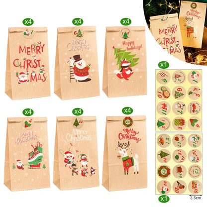 Christmas Gift Bags Kraft Paper Bag Candy Cookie Packaging Pocket Xmas Advent Calendar Digital Sticker Packing Supplies 24pcs GJWED Party Supplies Store