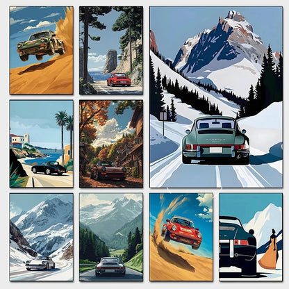 Classic Porsche 911 Alpine Drive Poster Retro Alpine Trip Cartoon Prints Canvas Painting Wall Art Picture Home Living Room Decor Shop1103250243 Store