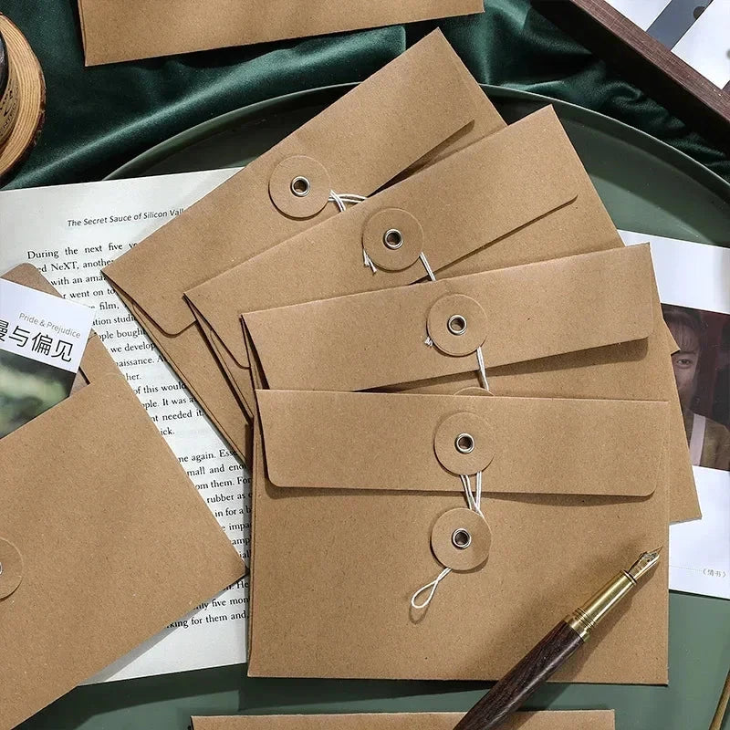 5/10pcs Vintage Kraft Paper Envelopes with Button String Tie Greeting Cards Postcards Letter Pads Cover Korean Stationery Office Sun4rising Stationery Store