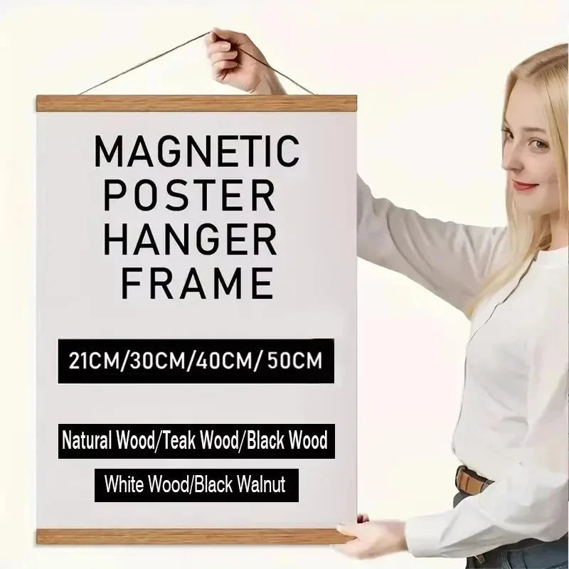 60cm 70cm 80cm 90cm Magnetic Poster Hanger Teak Pine Wood Painting Frame 5 Colors Wood Photo Frame Black White Canvas Frame QIPING-ART Store