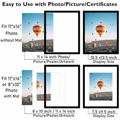 11x14 Picture Frame with 8x10 Mat, Display Photo 8x10 with Mat or 11 x 14 Without Mat, Wall Hanging Large Frame with Shatter Yoaking Great Store