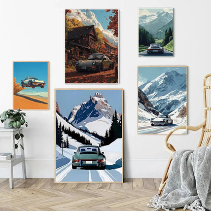 Classic Porsche 911 Alpine Drive Poster Retro Alpine Trip Cartoon Prints Canvas Painting Wall Art Picture Home Living Room Decor Shop1103250243 Store