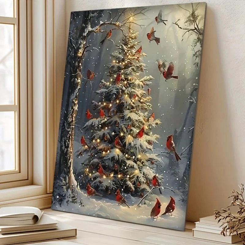 1pc Wooden Framed Canvas Poster - Winter Cardinal Birds & Snow-Covered Tree (Realistic Style, White Snow & Red Berries Iron Art Crafts Factory Store