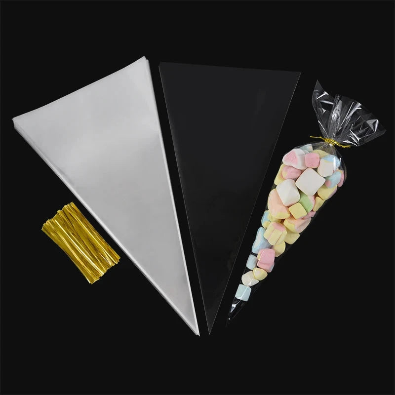 50pcs Clear Cone Candy Storage Bags Cones Transprant Plastic Bag Popcorn Candy Bags for Baby Shower Wedding Party Bags Supplies shop110476384 Store