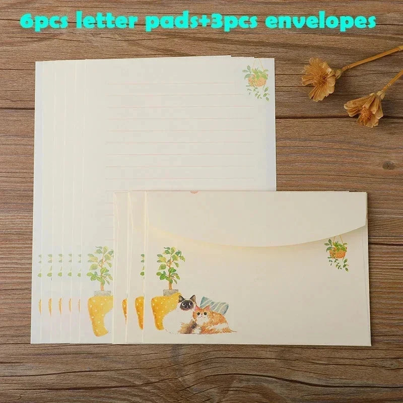 9pcs/set Cartoon Cats Envelopes with Letter Pads Cute Letter Writing Paper Wedding Invitation Cards Postcards Cover Stationery Sun4rising Stationery Store