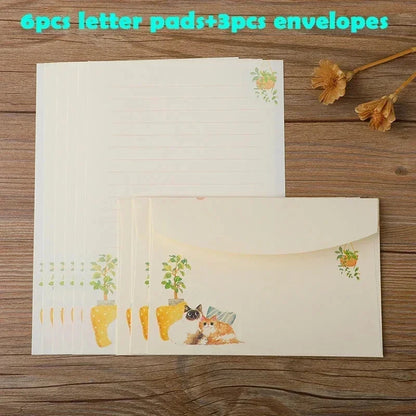 9pcs/set Cartoon Cats Envelopes with Letter Pads Cute Letter Writing Paper Wedding Invitation Cards Postcards Cover Stationery Sun4rising Stationery Store